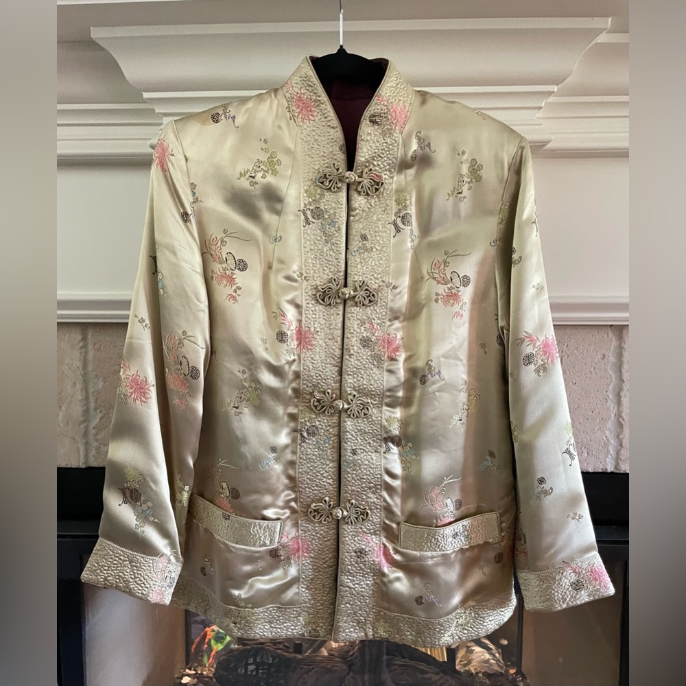 Silk Embroidered Mandarin Collar Jacket - Cream with Pink Accents